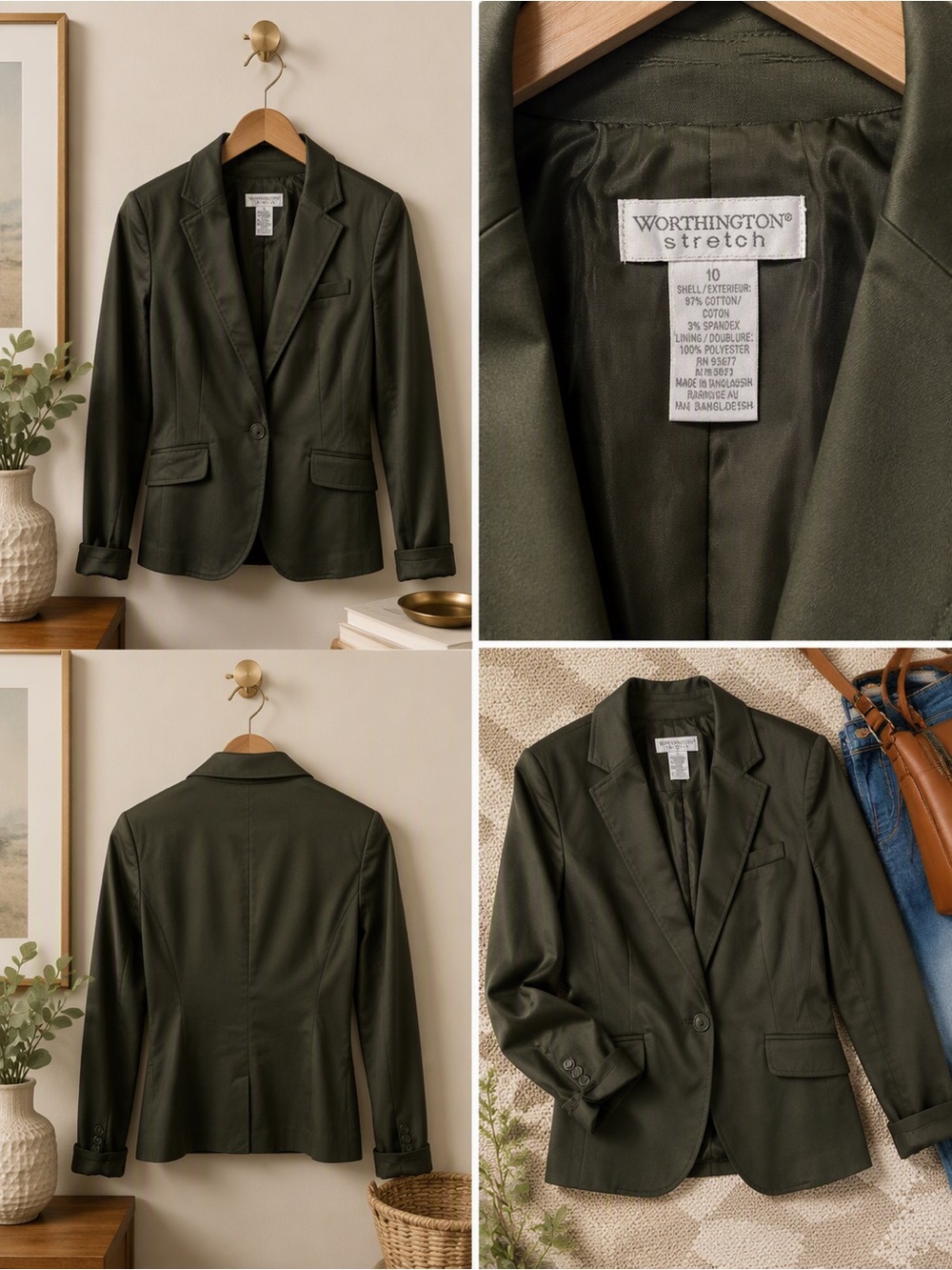 Worthington Olive Green Stretch Women's Blazer - Tailored Single-Button